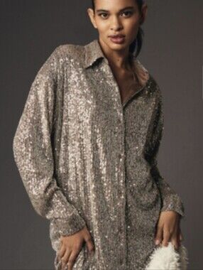 Anthropology FLAT WHITE Sequin Button-Up Shirt Dress  - Metallic Taupe